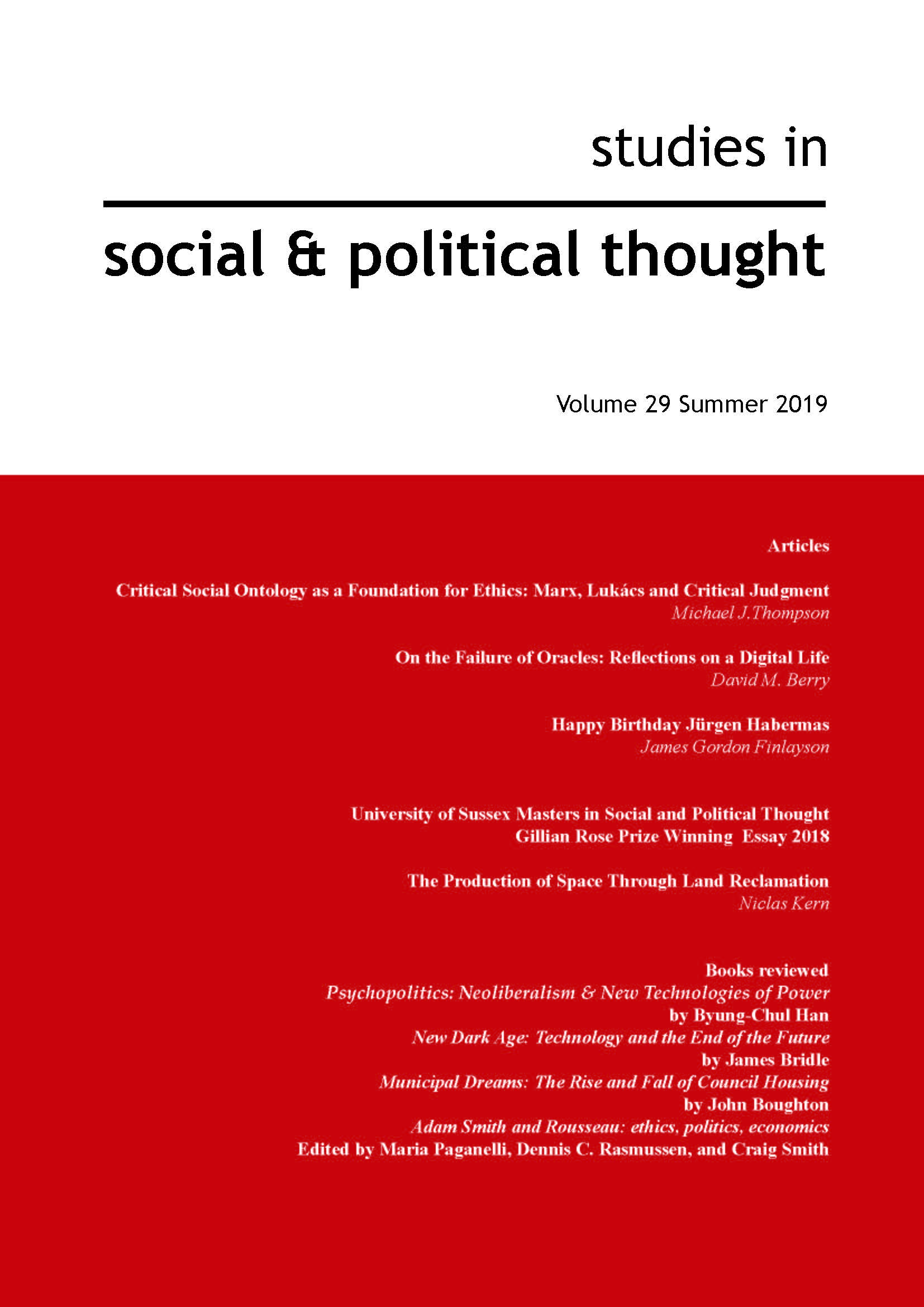 Front cover of SSPT Journal Vol 29, Summer 2019, listing articles and reviews contained within.