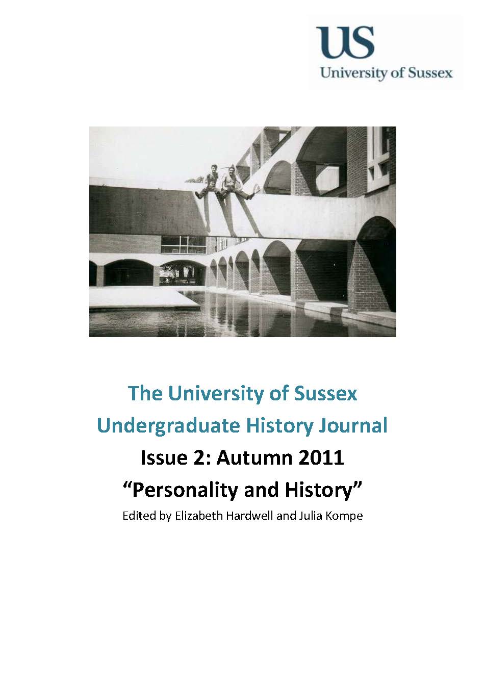 A black and white photograph of two young men sitting on a beam over the quad at the University of Sussex