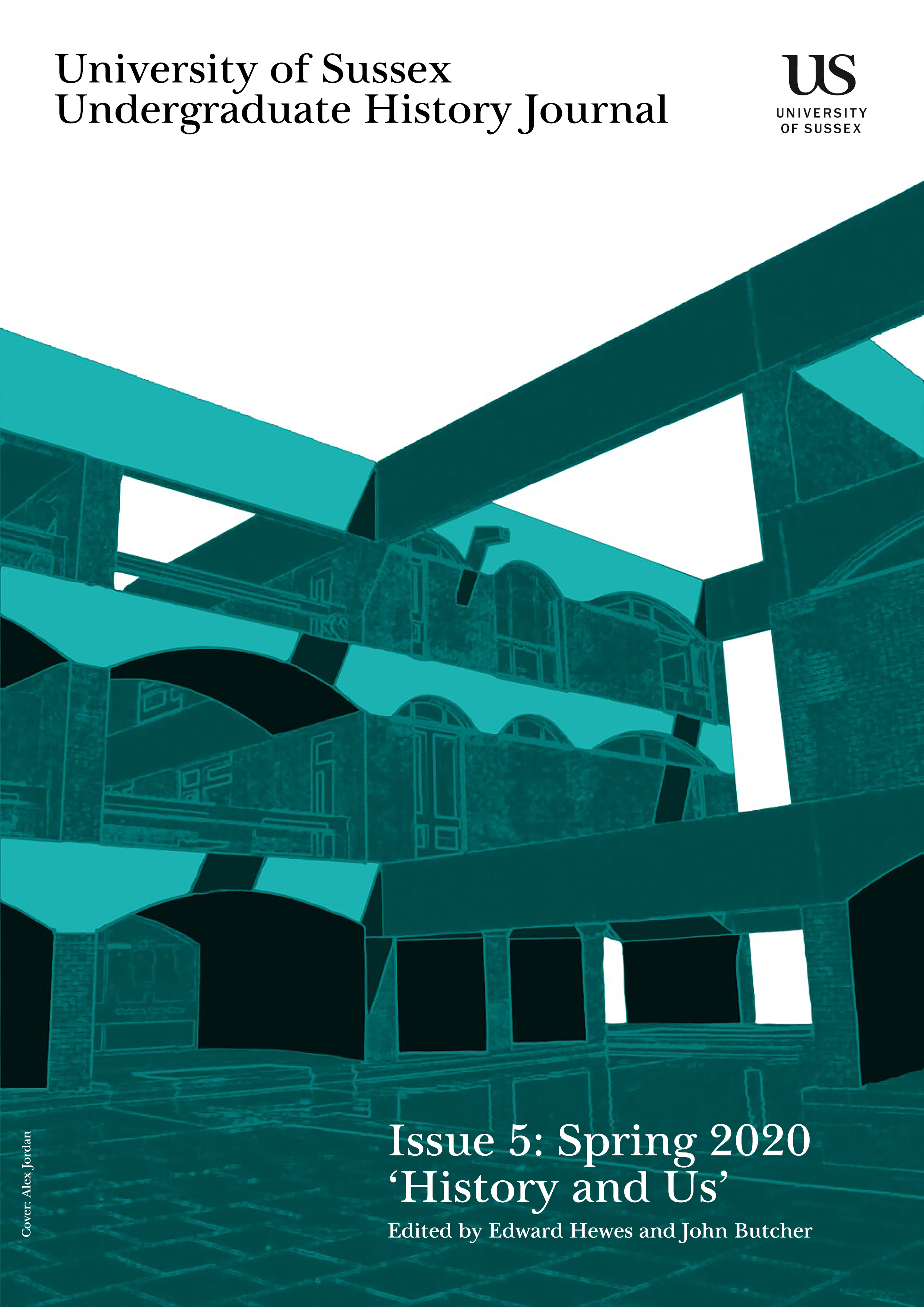 A digitally edited image of the quad at the University of Sussex in shades of turquoise